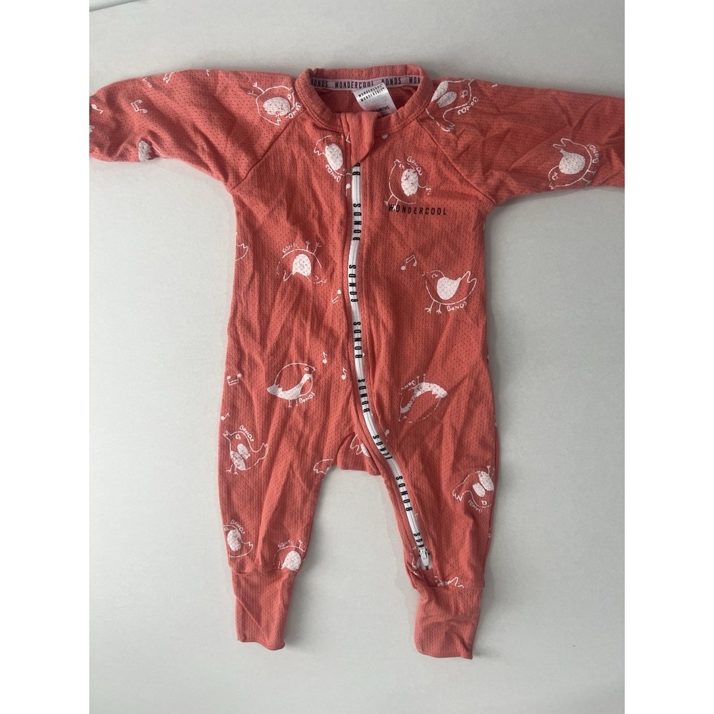 BONDS Wondercool Eyelet Zip one piece 3-6 Months Coral Bird Cotton Long Sleeve